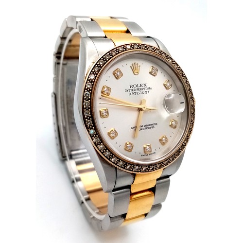 249 - A Bi-Metal Rolex Diamond Datejust Gents Watch. 2003 model. 18k gold and stainless steel bracelet. St... 