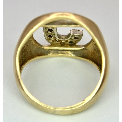 862 - A 9K Yellow Gold (tested), Initial 'J' Signet Ring. White stone decoration. Size G. 4g.