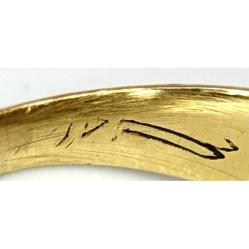 862 - A 9K Yellow Gold (tested), Initial 'J' Signet Ring. White stone decoration. Size G. 4g.