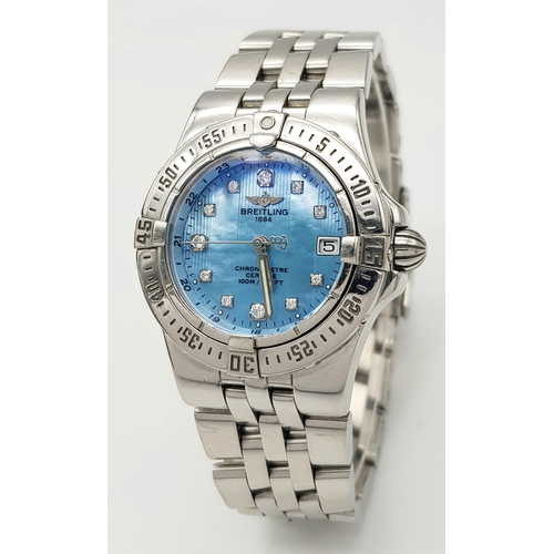 870 - A Breitling Ice Blue Diamond Dial Quartz Ladies Watch. Stainless steel bracelet and case - 31mm. Blu... 