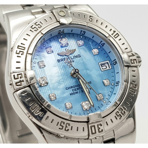 870 - A Breitling Ice Blue Diamond Dial Quartz Ladies Watch. Stainless steel bracelet and case - 31mm. Blu... 