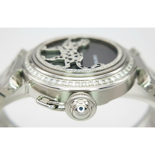 876 - A Pasha de Cartier Automatic Panthere Ladies Watch. Model 673195CD. Stainless steel bracelet and cas... 