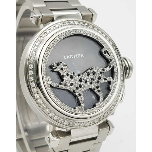 876 - A Pasha de Cartier Automatic Panthere Ladies Watch. Model 673195CD. Stainless steel bracelet and cas... 