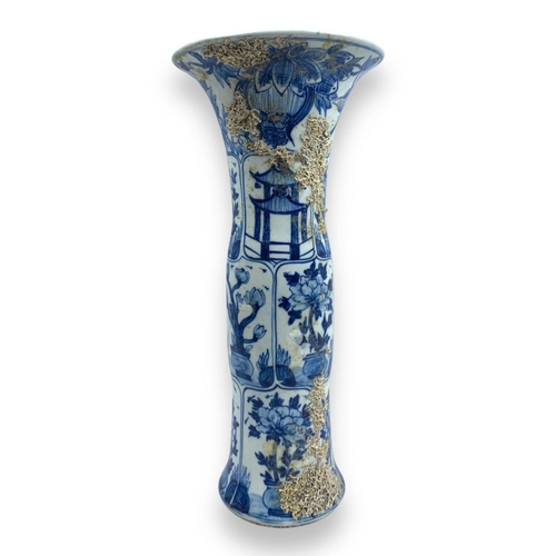 1276 - A antique Chinese Blue and White Porcelain Gu Vase, recovered from a sea excavation. 
Hand-painted f... 