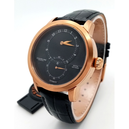 1142 - A Stuhrling Original Petite Seconde Automatic Gents Watch. Black leather strap. Rose gold case - 42m... 