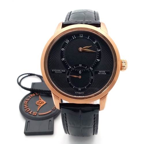 1142 - A Stuhrling Original Petite Seconde Automatic Gents Watch. Black leather strap. Rose gold case - 42m... 