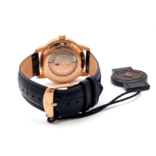 1142 - A Stuhrling Original Petite Seconde Automatic Gents Watch. Black leather strap. Rose gold case - 42m... 