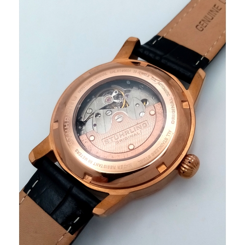 1142 - A Stuhrling Original Petite Seconde Automatic Gents Watch. Black leather strap. Rose gold case - 42m... 