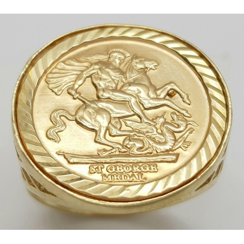 1480 - A 9K Yellow Gold George Medal Signet Ring. Size S 1/2. 3.7g