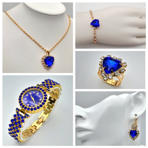 160 - A parure set consisting of a watch, necklace, earrings, bracelet and ring in a miniature, portable j... 