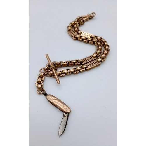 31 - A Fabulous 9K Gold Antique Gold Albert Chain Conversion. Twin lobster clips, T-bar and a gold miniat... 