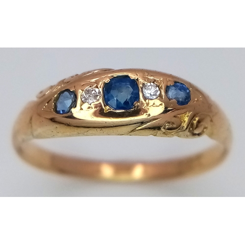 107 - AN 18K YELLOW GOLD VINTAGE DIAMOND & SAPPHIRE RING 2.6G SIZE O 1/2. Ref: SC 4038