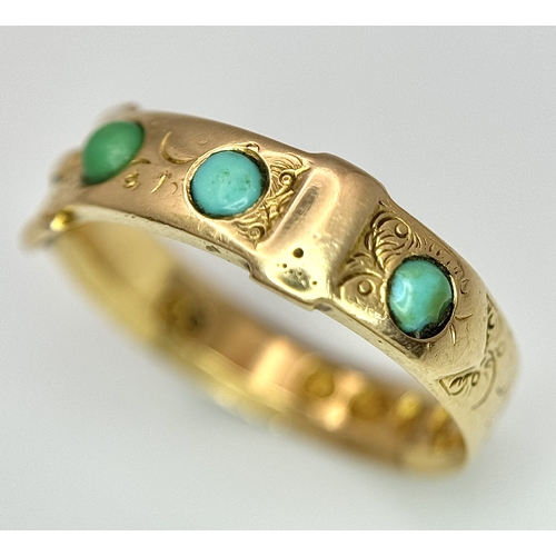 110 - AN 18K YELLOW GOLD ANTIQUE TURQUOISE SET BUCKLE RING - 3.9G. SIZE M. HALLMARKED LONDON 1869 PART OF ... 