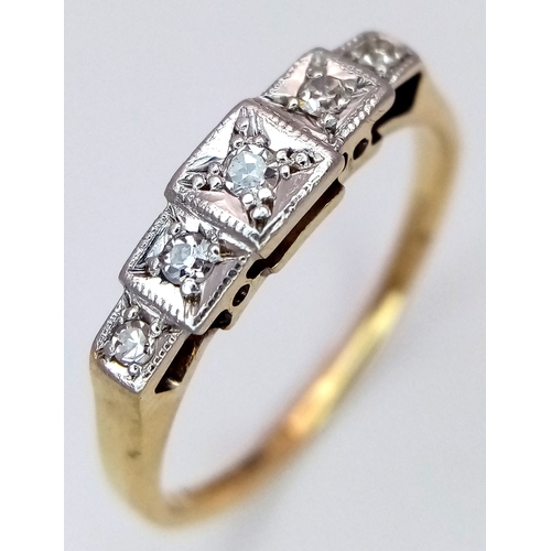 383 - AN 18K YELLOW GOLD & PLATINUM VINTAGE DIAMOND FIVE STONE RING 2.2G TOTAL WEIGHT, SIZE N. Ref: SC 405... 