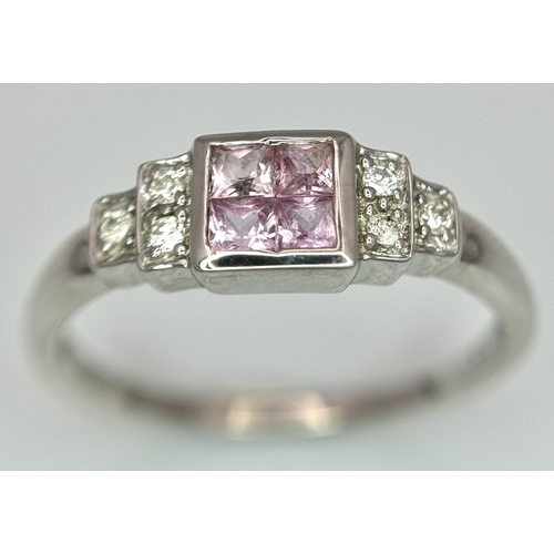 439 - A 9K WHITE GOLD DIAMOND & PINK SAPPHIRE RING 2G SIZE N. Ref: SC 4010