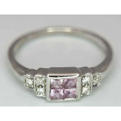 439 - A 9K WHITE GOLD DIAMOND & PINK SAPPHIRE RING 2G SIZE N. Ref: SC 4010