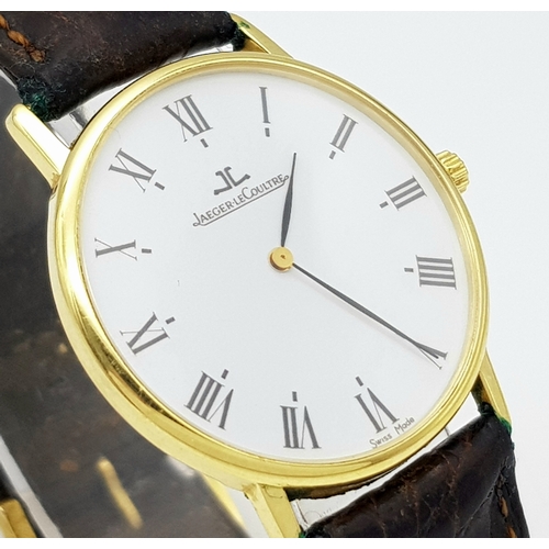 5 - A JAEGER-LE-COULTRE JLC 18K YELLOW GOLD CASED QUARTZ STRAP WATCH - WITH ORIGINAL BUCKLE. 34MM CASE. ... 