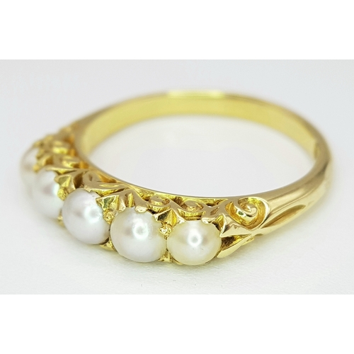 50 - AN 18K YELLOW GOLD FIVE PEARL SET RING, ENGRAVED 1492. 3.3G TOTAL WEIGHT , SIZE L. Ref: SC 4073