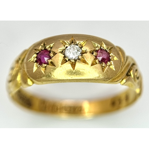 64 - AN 18K YELLOW GOLD ANTIQUE DIAMOND & RUBY 3 STONE RING. 2.6G SIZE L, HALLMARKED BIRMIGHAM 1899. Ref:... 