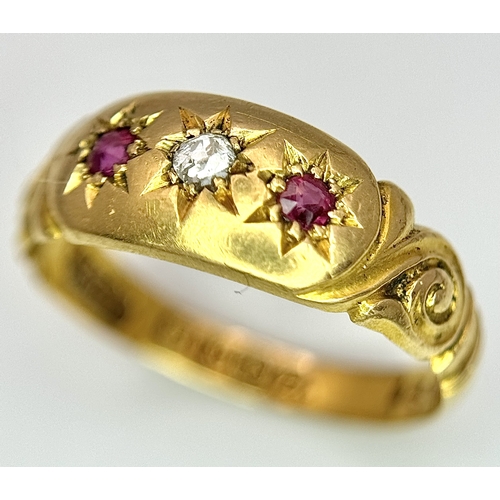 64 - AN 18K YELLOW GOLD ANTIQUE DIAMOND & RUBY 3 STONE RING. 2.6G SIZE L, HALLMARKED BIRMIGHAM 1899. Ref:... 