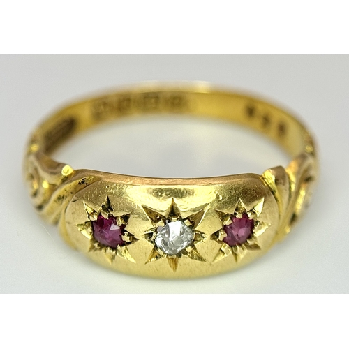 64 - AN 18K YELLOW GOLD ANTIQUE DIAMOND & RUBY 3 STONE RING. 2.6G SIZE L, HALLMARKED BIRMIGHAM 1899. Ref:... 