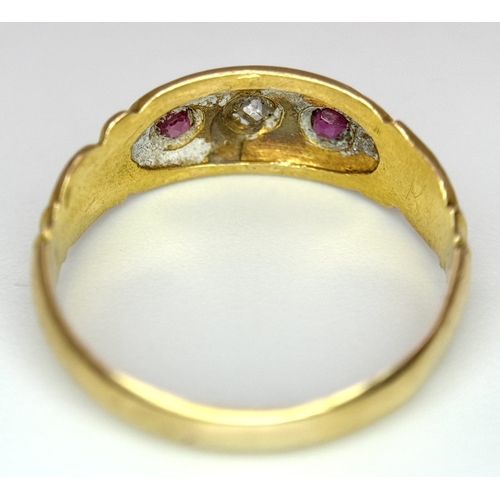 64 - AN 18K YELLOW GOLD ANTIQUE DIAMOND & RUBY 3 STONE RING. 2.6G SIZE L, HALLMARKED BIRMIGHAM 1899. Ref:... 