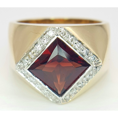 18 - AN 18K YELLOW GOLD DIAMOND & GARNET SIGNET RING 10.5G SIZE N. Ref: SH 1443I