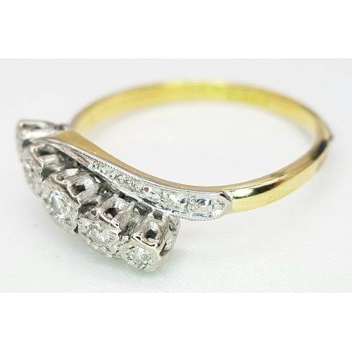 165 - AN 18K YELLOW GOLD & PLATINUM VINTAGE 5 STONE DIAMOND TWIST RING 3.3G SIZE Q. Ref: SC 3045