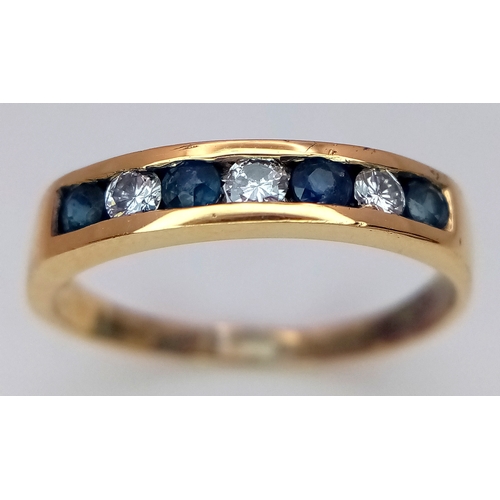 208 - AN 18K YELLOW GOLD DIAMOND & SAPPHIRE CHANNEL SET HALF ETERNITY RING 2.4G SIZE M. Ref: 8839