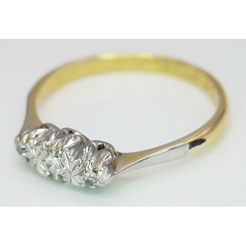 220 - AN 18K YELLOW GOLD & PLATINUM VINTAGE OLD CUT DIAMOND 3 STONE RING 2.1G SIZE L. Ref: SC 3071