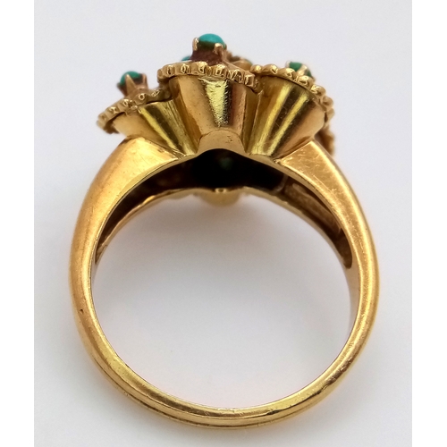 92 - An Italian 18K Yellow Gold and Turquoise Ring. Floral and umbrella form creates a stand-out piece of... 