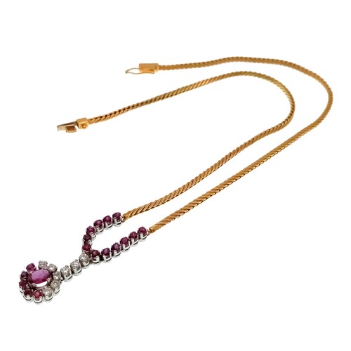 110 - A Breath-Taking 18K Yellow Gold, Pink Garnet and Diamond Lavaliere Necklace. 1.2ctw of round and ova... 