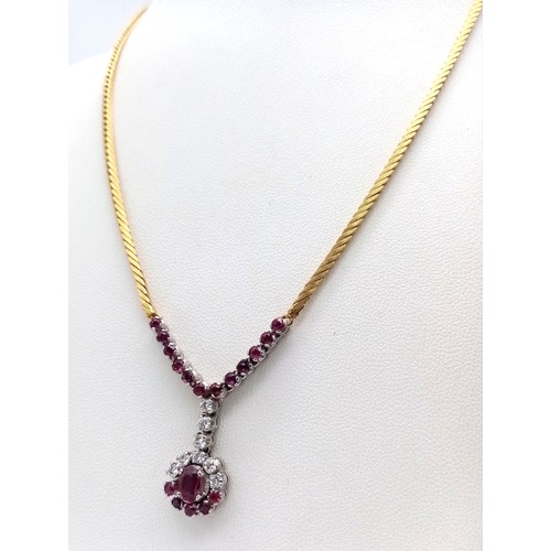 110 - A Breath-Taking 18K Yellow Gold, Pink Garnet and Diamond Lavaliere Necklace. 1.2ctw of round and ova... 