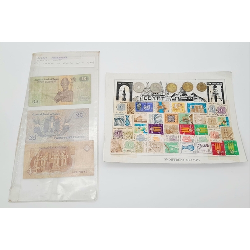 1652 - Collections of 40 Egyptian stamps and 5 coins, 3 notes. Please see photos for conditions.