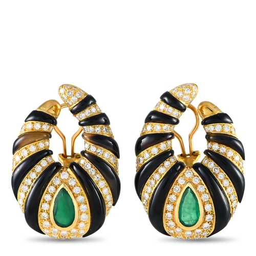 145 - A Pair of 18K Yellow Gold 3.50ct Diamond, Emerald, and Onyx Earrings. Bold and incredibly impressive... 