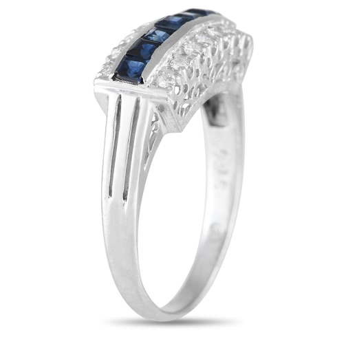 183 - A Platinum 0.15ct Diamond and Sapphire Ring. This Art Deco-inspired piece features a row of sapphire... 