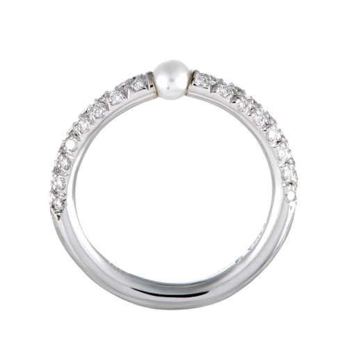 231 - A Mikimoto 18K White Gold Diamond and 3.0-3.5mm Akoya Pearl Band Ring. Embrace a sense of utmost fem... 