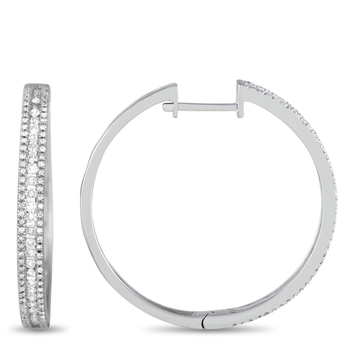 255 - A Pair of 14K White Gold 3-Row 1.06 Carat VS1 G Color Diamond Hoop Earrings. The prestigious sheen o... 