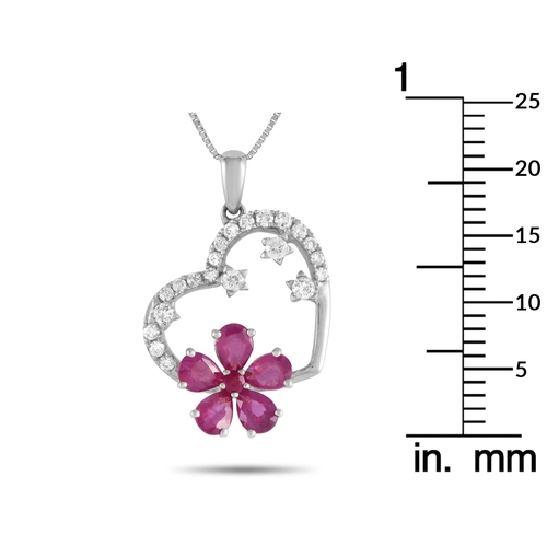 287 - A 14K White Gold 0.20ct Diamond and Ruby Heart and Flower Pendant Necklace. A heart-shaped pendant m... 