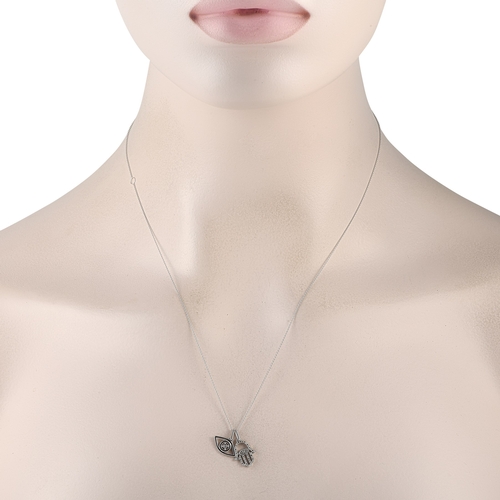 299 - A 14K White Gold 0.10ct Diamond Hamsa Pendant Necklace. On this exquisitely crafted necklace, a pair... 