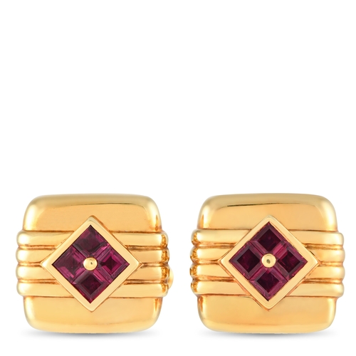 365 - A Pair of Van Cleef & Arpels 18K Yellow Gold Ruby Cufflinks. They feature a square shape with a ridg... 