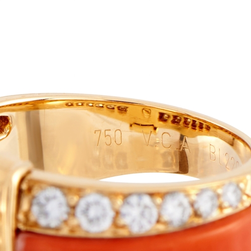 378 - A Van Cleef & Arpels Vintage 18K Yellow Gold 1.22ct Diamond and Coral Ring. The ring is crafted in 1... 