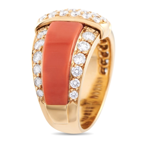 378 - A Van Cleef & Arpels Vintage 18K Yellow Gold 1.22ct Diamond and Coral Ring. The ring is crafted in 1... 