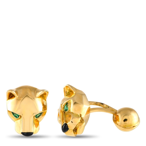 59 - A Pair of Cartier Panthere 18K Yellow Gold Cufflinks and Tuxedo Button Set. This stylish Cartier Pan... 