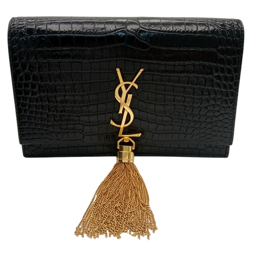 192 - A Saint Laurent Black Croc-Embossed Kate Tassel Shoulder Bag. Black croc-embossed leather exterior w... 