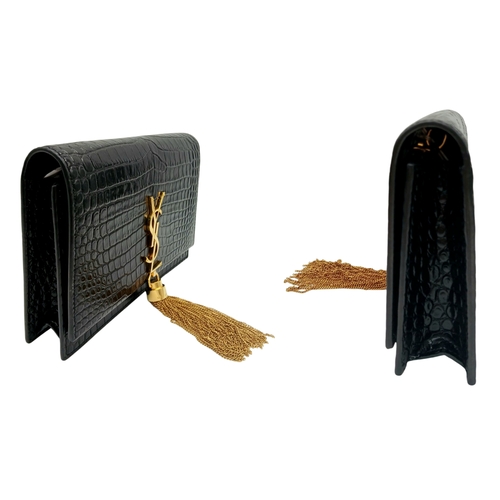 192 - A Saint Laurent Black Croc-Embossed Kate Tassel Shoulder Bag. Black croc-embossed leather exterior w... 