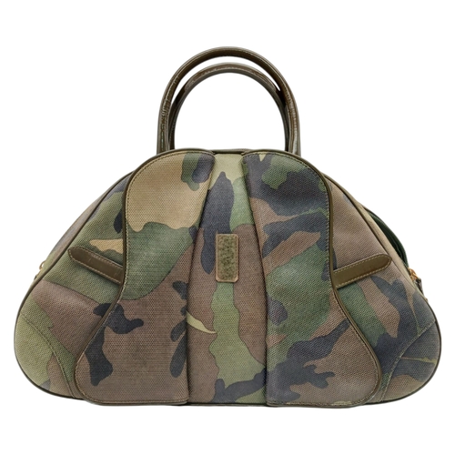 213 - A Christian Dior Camouflage Boston Bag. Olive green canvas exterior with leather trim, gold-toned ha... 