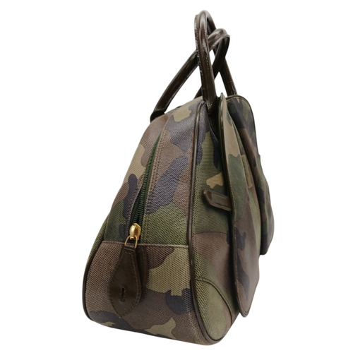 213 - A Christian Dior Camouflage Boston Bag. Olive green canvas exterior with leather trim, gold-toned ha... 