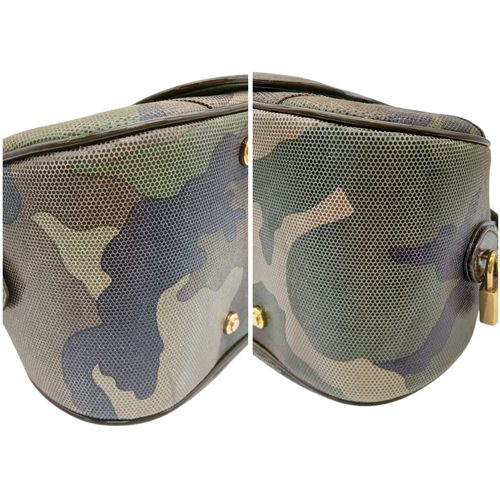 213 - A Christian Dior Camouflage Boston Bag. Olive green canvas exterior with leather trim, gold-toned ha... 