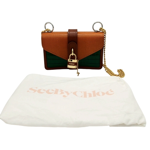 312 - A Chloé Brown Aby Lock Bag. Brown leather exterior with green and orange leather panels, gold-toned ... 